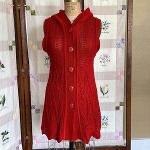 Pristine, dark red crocheted, long/fitted w flare, button front vest w hoodie,